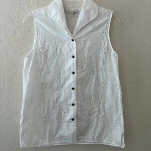 Lafayette 148 Short Sleeve Embroidered Blouse - White - Size Small
